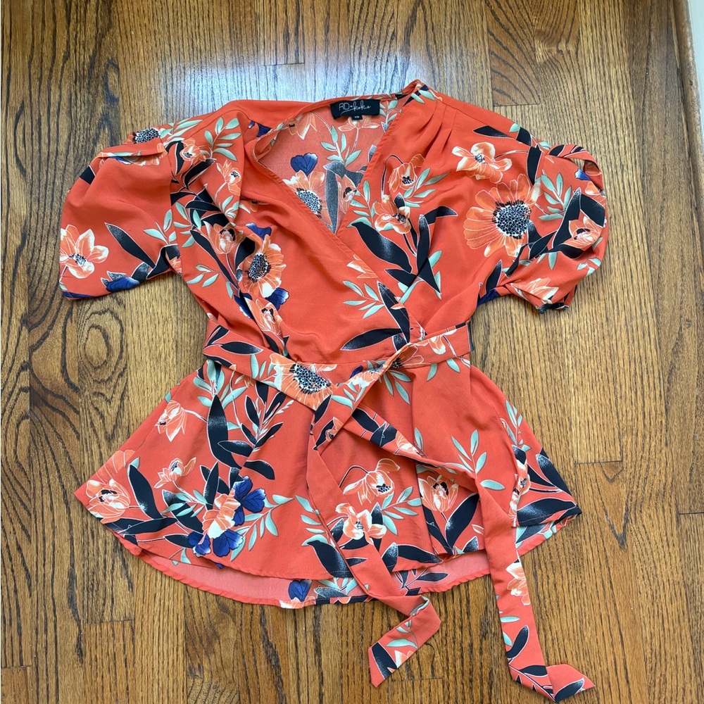 Anthropologie floral faux wrap top